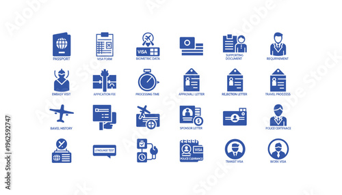 Visa application process icons set for travel and immigration