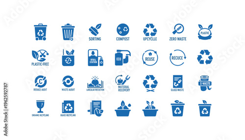 Collection of eco friendly recycling symbols and icons for sustainable practices