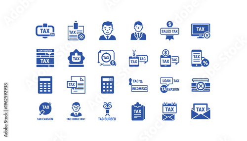 Collection of blue tax icons and symbols for financial concepts