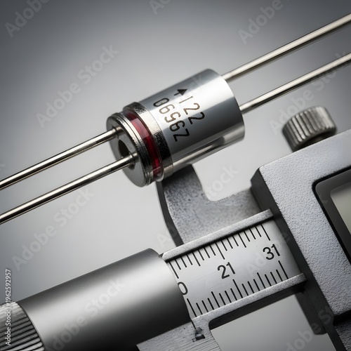 Precision measurement of a cylindrical electronic component with a digital caliper against a soft grey background.