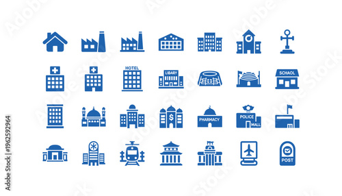 Collection of various building and location icons for navigation and design