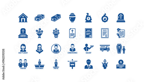 Collection of funeral and bereavement related icons and symbols