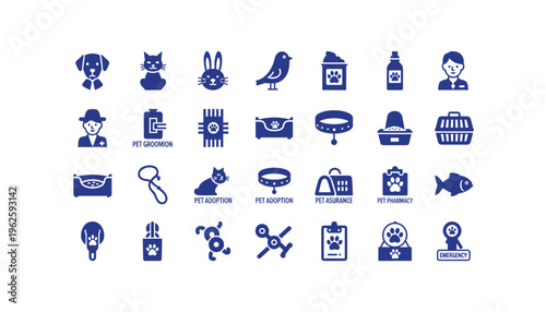Pet care and adoption icons for business and emergency services