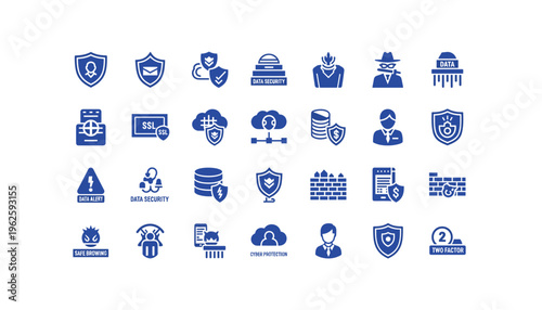 Cyber security protection icons set in blue on white