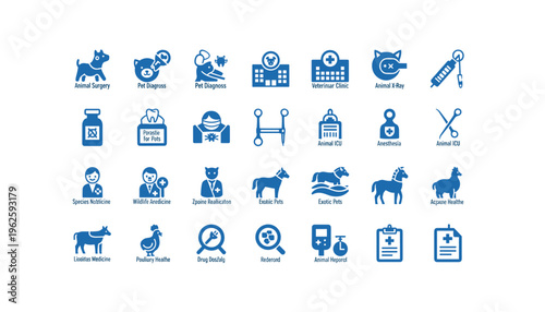 Blue icons for animal health and veterinary care services