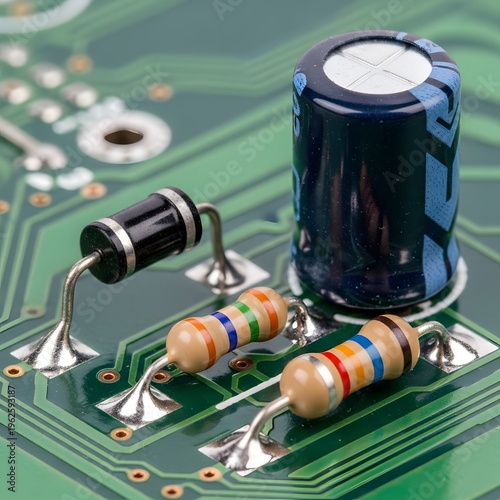 Resistors and capacitor on green circuit board close up.