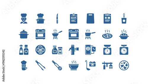 Cooking icons set in modern blue style