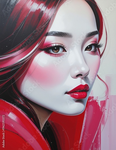 Portrait of young Asian woman with red lips and flowing hair  