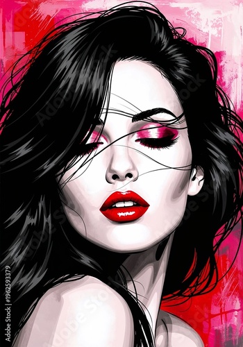 Abstract portrait of a woman with bold makeup on colorful background  