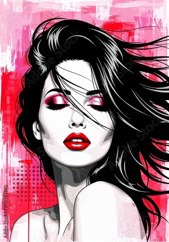 Stylish woman with flowing hair and bold makeup in vibrant colors  