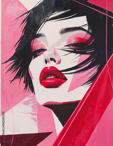 Abstract portrait of a woman with bold lips and vibrant colors  