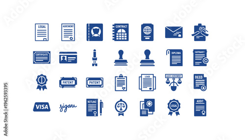 Collection of legal document icons for business and law