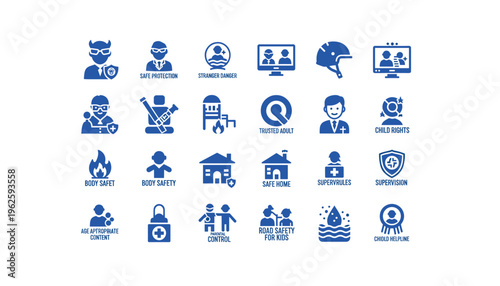 Child safety protection icons set in blue