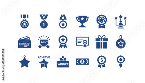 Collection of blue award icons for recognition and success