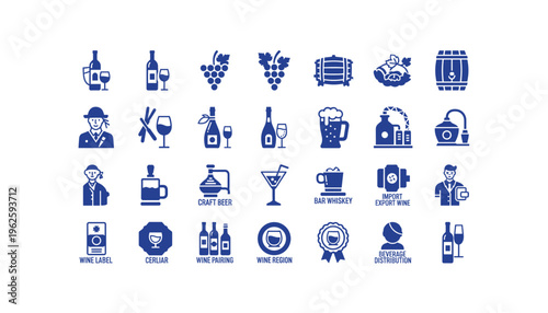 Collection of wine and beer icons for beverage industry professionals