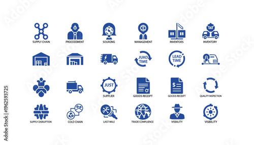 Supply chain management concepts illustrated in blue icons on white background
