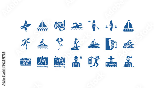 Collection of water sports and activities icons for commercial use
