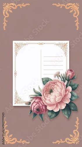 Floral notebook template with decorative border on textured background  
