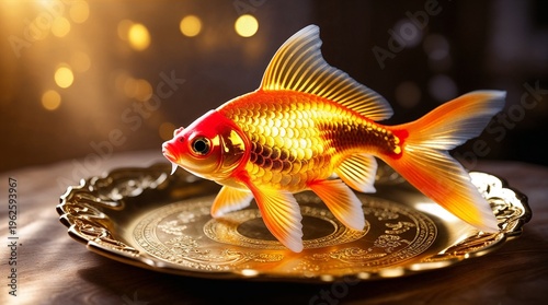 Goldfish swimming on decorative plate with warm bokeh background  