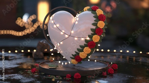 Heart-shaped decoration with flowers and lights on a table  