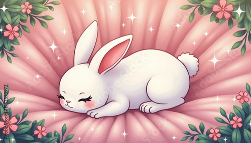Cute sleeping bunny surrounded by flowers on pink background  