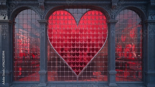 Heart-shaped window display with red background in urban setting  