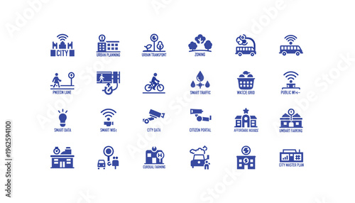 Smart city infrastructure icons set in modern blue design