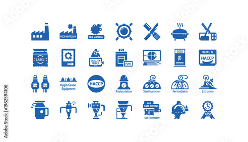 Food processing industry icons for business and manufacturing needs