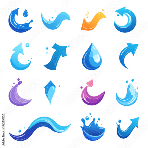 set of colorful arrow showing water splash vector,isolated on white