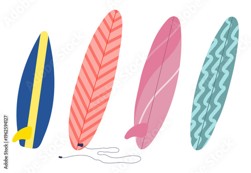 Surfboard, surfing board standing illustration isolated set. Water sports, active lifestyle, beach, summer holidays, vacations, resort. Flat design element, clip art collection. Hand drawn vector