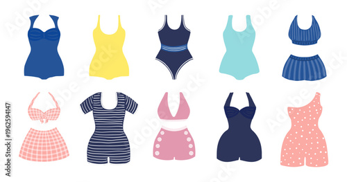 Retro swimsuit, bikini, swimming suit illustration isolated set. Woman beachwear, fashion, clothes. Summer holidays, resort, pool, sport. Flat design, clip art element collection hand drawn vector