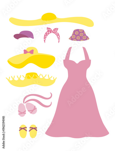 Sundress, sun hat, sandals illustration isolated set. Beach wear, summer fashion, accessory, holidays, vacations, resort. Flat design, clip art element collection hand drawn vector