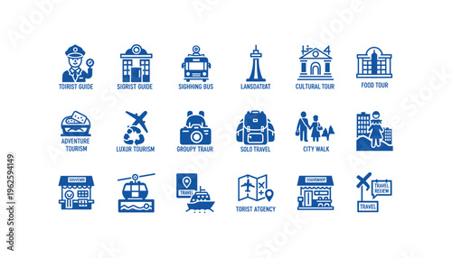 Various travel and tourism related icons and services for adventure seekers