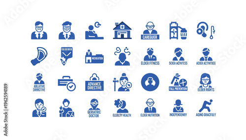 Elderly care icons set for healthcare and wellness