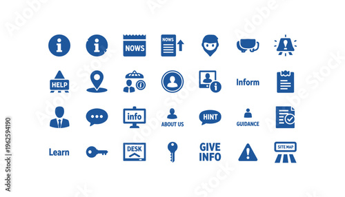Collection of blue information and guidance icons for websites and applications