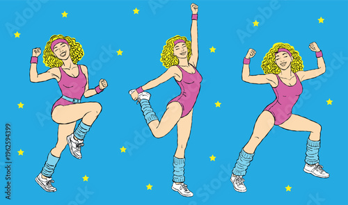 A vibrant retro-style illustration featuring a woman performing aerobics exercises in dynamic poses dressed in a colorful 80s fitness outfit for fitness projects, workout programs, sports branding