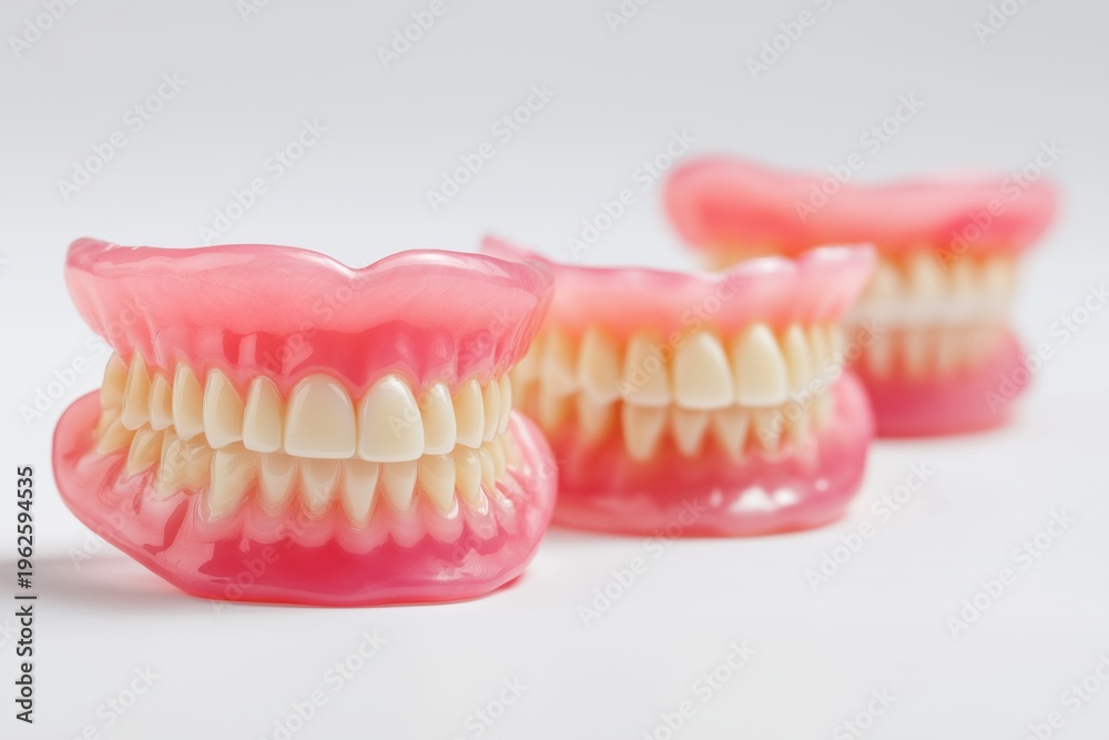 Obraz premium Three Sets of Complete Dentures Lined Up on a White Surface