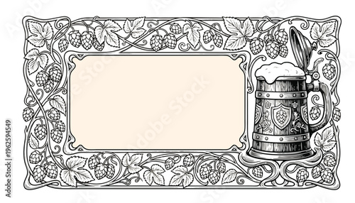 Vintage beer label frame with ornate hop vines and traditional mug, detailed engraved style illustration, perfect for brewery branding, packaging, and craft beer labels.