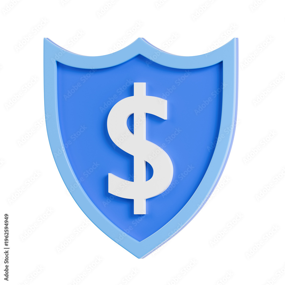Fototapeta premium 3D illustration of a shield with a dollar symbol representing financial security, protection, insurance and safe transactions