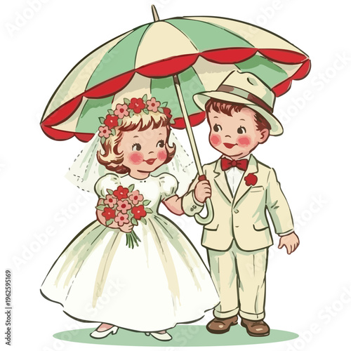 Vintage style illustration of a young boy and girl dressed as a bride and groom under a parasol. Retro mid-century wedding couple clip art with little boy in suit and girl in white dress