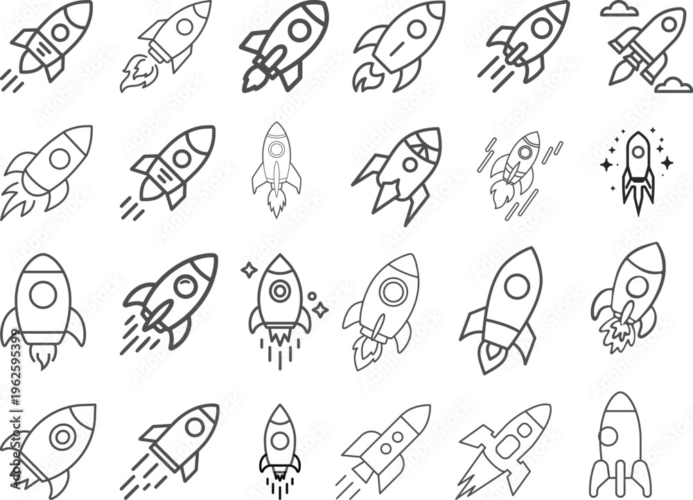 Fototapeta premium Set of rocket vector icons. Launch spaceship or spacecraft. Rocket fast flying for space. New business start up. Rocket icon, rocket sign vector Set of eight rocket launch icon variations Space Rock.