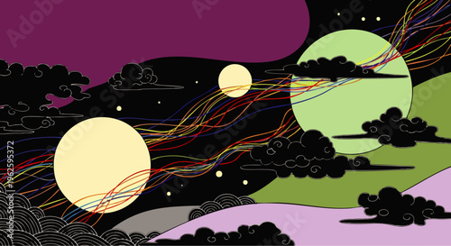 Abstract surreal night sky with colorful light streaks connecting celestial bodies and stylized landscape elements