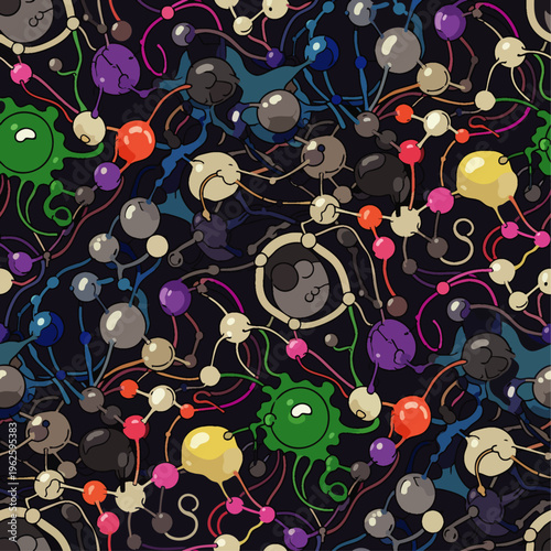 Abstract seamless pattern of molecules and atoms in vibrant colors on a dark background, science and technology concept