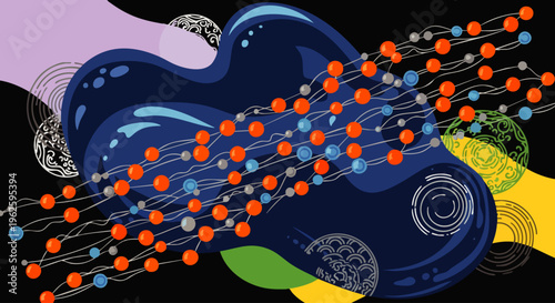 Abstract representation of molecular structure, DNA, science, technology, and data flow with colorful organic shapes and patterns