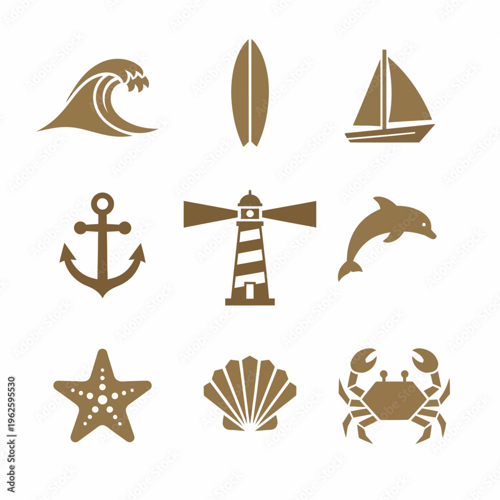 Fototapeta premium Brown nautical icons on white background.