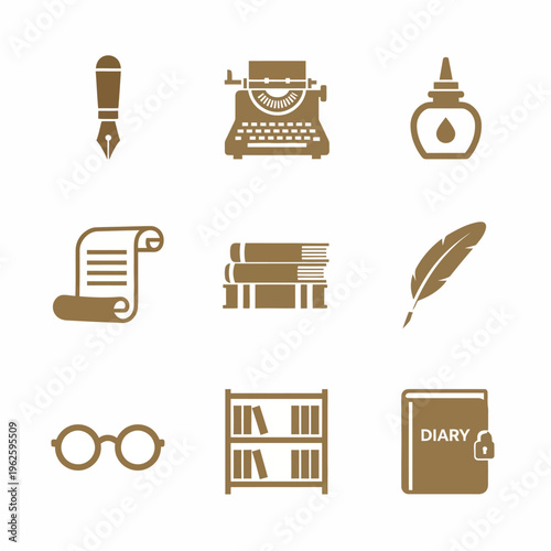 Brown icons of writing and reading.