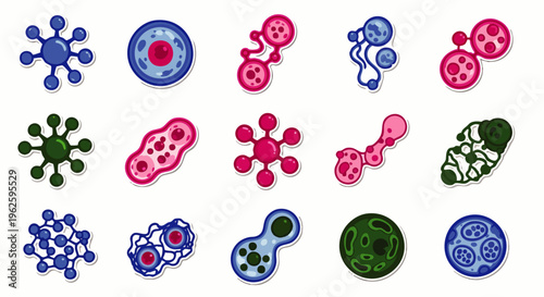 Set of colorful cartoon microorganisms, bacteria, cells, and viruses vector icons. Biological science and medicine illustration collection for education and health.
