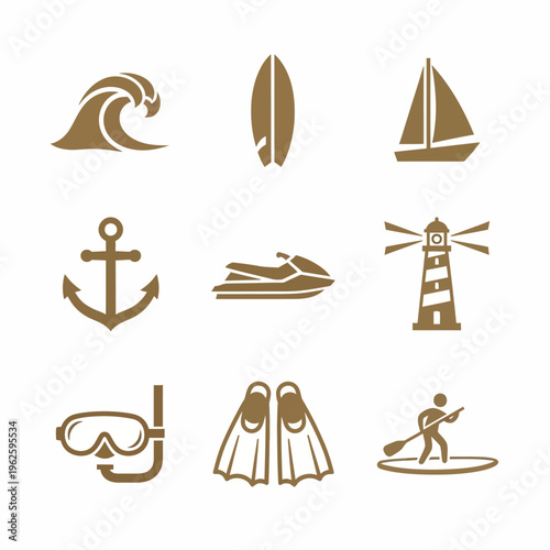 Brown icons of beach and sea.