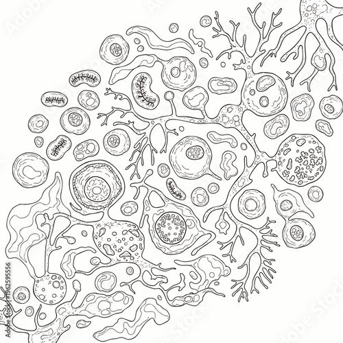 Hand-drawn illustration of various cells and microorganisms, including neurons, blood cells, and bacteria, in a scientific and educational style.