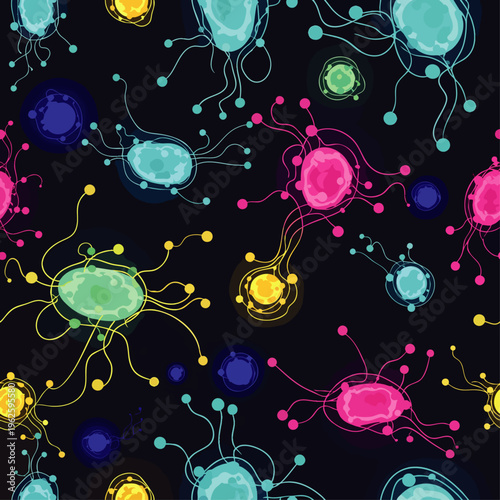 Vibrant seamless pattern of abstract glowing microorganisms and neural cells on a dark background, ideal for science, biology, and modern design projects.